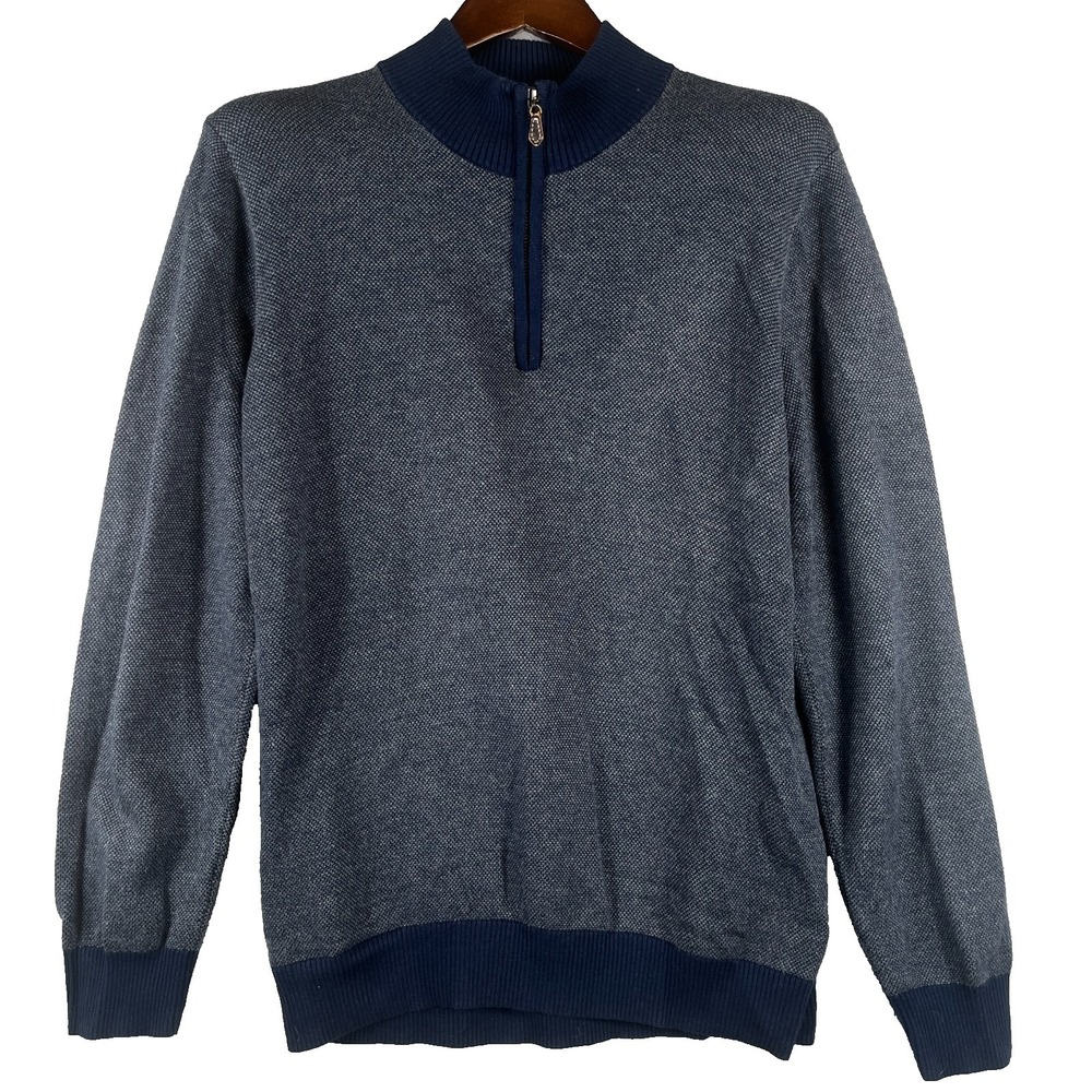 J McLaughlin Mens L 1/4 Zip Mock Neck Birds Eye Knit Pullover Sweater Gray Navy